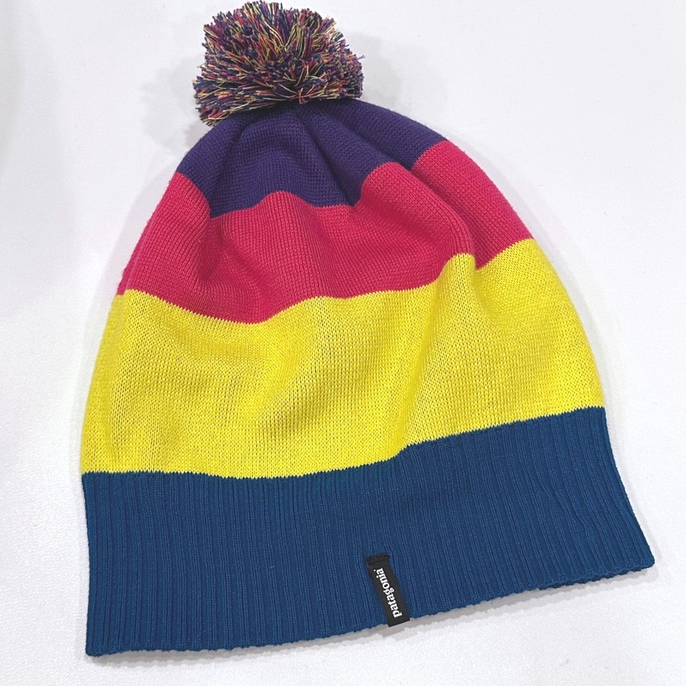 Patagonia Ski Beanie Hat Pom Pom Striped Yellow Blue Pink Unisex
